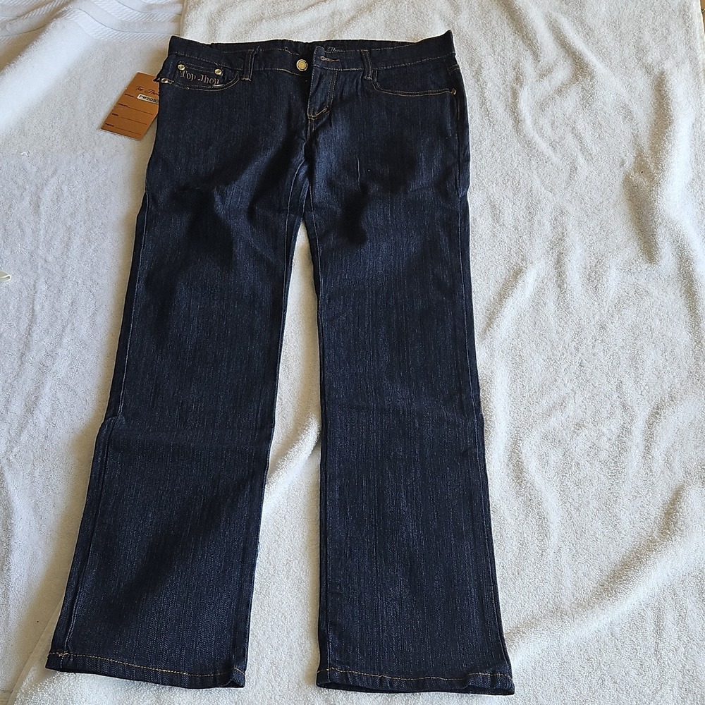 Top Jhon Dark Blue Denim Straight Jeans woman 5-Pocket Button Embroidered - Picture 2 of 12
